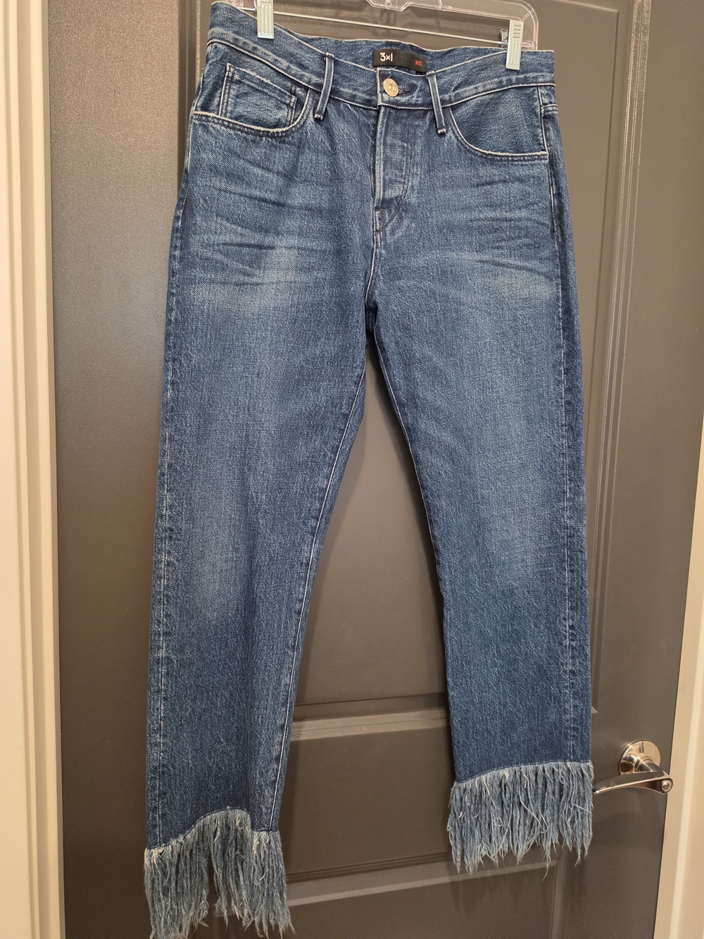 3x1 Women's Blue Straight-Leg Jeans with Frayed Hem